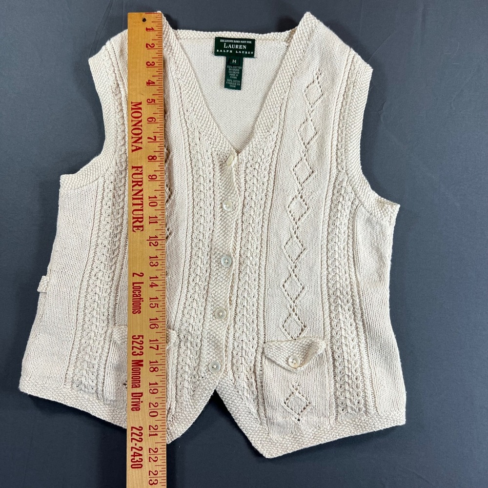 Lauren Ralph Lauren Hand Knit Cotton Sweater Vest Cream Cable Knit Button Up M - Picture 5 of 7